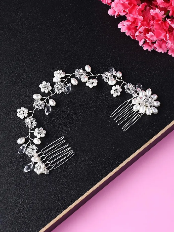 Yellow Chimes Rings Yellow Chimes Bridal Hair Vine for Women and Girls Bridal Hair Accessories for Wedding Comb Pin for Women Headband Hair Accessories Wedding Jewellery for Women Head band for Girls Design 2