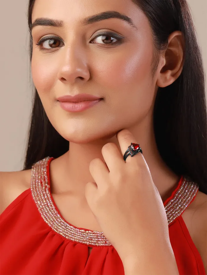 Yellow Chimes Rings Yellow Chimes Crystal Rings For Women Adjustable Ring Love Red Heart Crystal Ring Valentine Special Black Gun Plated Finger Ring for Girls Birthday Gift For Girls Anniversary Gift for Wife
