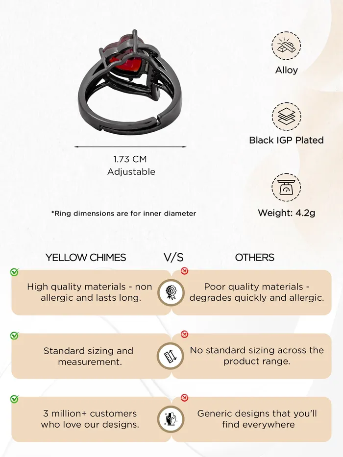 Yellow Chimes Rings Yellow Chimes Crystal Rings For Women Adjustable Ring Love Red Heart Crystal Ring Valentine Special Black Gun Plated Finger Ring for Girls Birthday Gift For Girls Anniversary Gift for Wife
