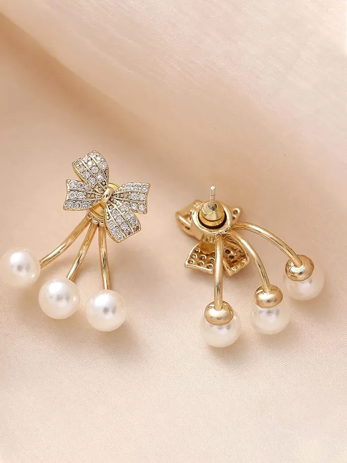 Yellow Chimes Rings Yellow Chimes Earrings For Women Gold Tone Crystal Studded Bow Shaped Stud Pearl Drop Earrings For Women and Girls