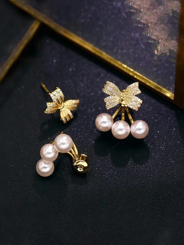 Yellow Chimes Rings Yellow Chimes Earrings For Women Gold Tone Crystal Studded Bow Shaped Stud Pearl Drop Earrings For Women and Girls