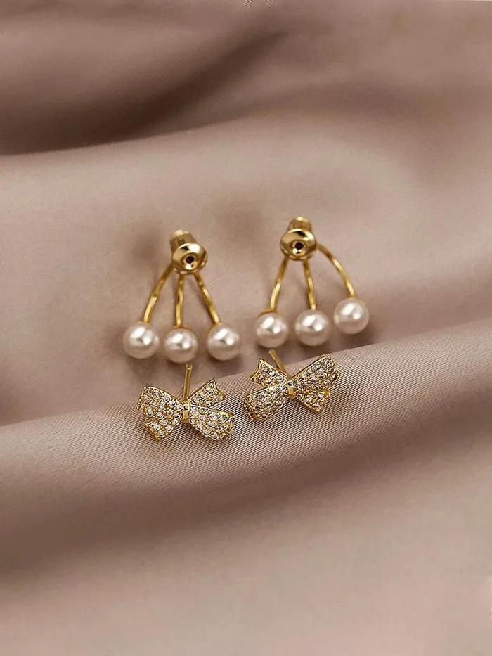 Yellow Chimes Rings Yellow Chimes Earrings For Women Gold Tone Crystal Studded Bow Shaped Stud Pearl Drop Earrings For Women and Girls