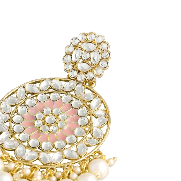 Yellow Chimes Rings Yellow Chimes Ethnic Gold Plated White Meenakari Touch Traditional Kundan Studded Round Design Pearl moti Dangler Earrings for Women and Girls Gold White Medium Model YCTJER82KUDCRWH