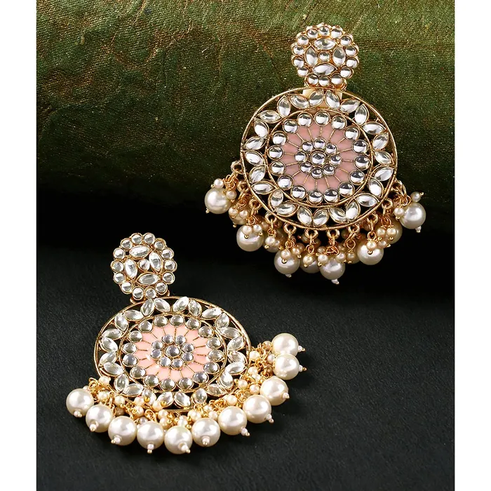 Yellow Chimes Rings Yellow Chimes Ethnic Gold Plated White Meenakari Touch Traditional Kundan Studded Round Design Pearl moti Dangler Earrings for Women and Girls Gold White Medium Model YCTJER82KUDCRWH