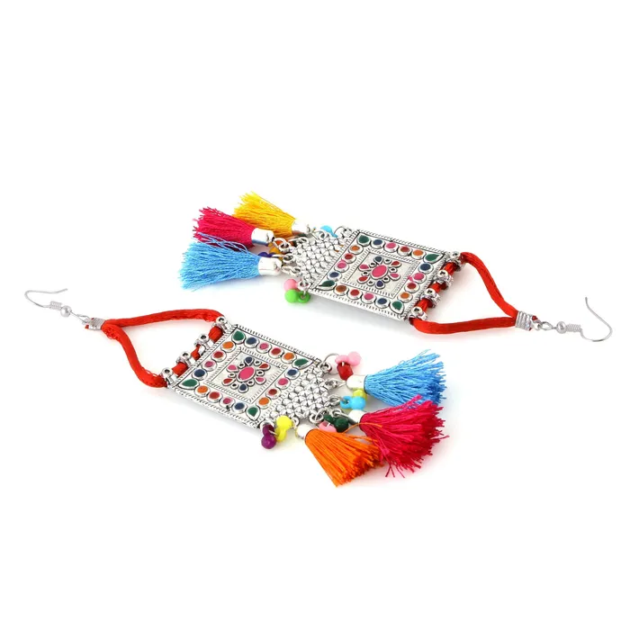 Yellow Chimes Rings Yellow Chimes German Silver Oxidized Afghani Style Beaded Tassel with Cotton Threads Choker Necklace Set with Earrings Jewellery Set for Women Girls Multicolor