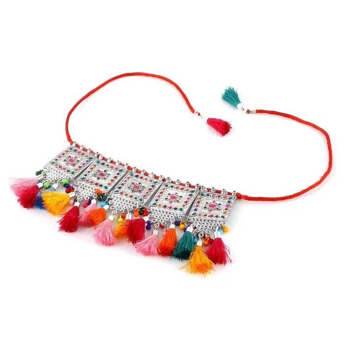 Yellow Chimes Rings Yellow Chimes German Silver Oxidized Afghani Style Beaded Tassel with Cotton Threads Choker Necklace Set with Earrings Jewellery Set for Women Girls Multicolor