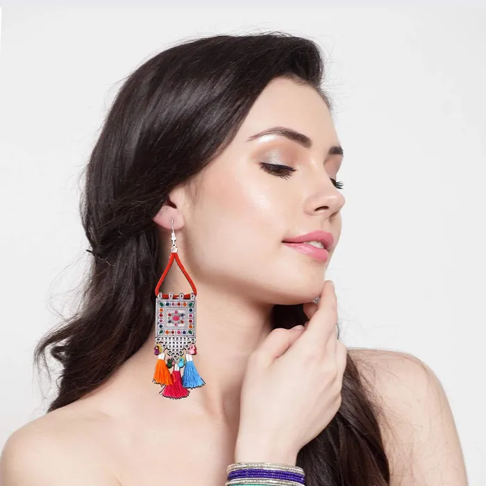 Yellow Chimes Rings Yellow Chimes German Silver Oxidized Afghani Style Beaded Tassel with Cotton Threads Choker Necklace Set with Earrings Jewellery Set for Women Girls Multicolor