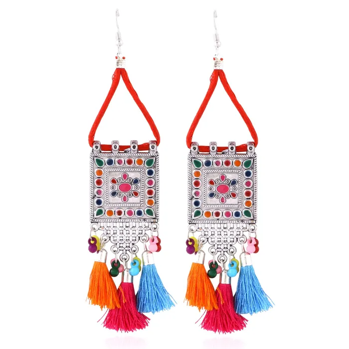 Yellow Chimes Rings Yellow Chimes German Silver Oxidized Afghani Style Beaded Tassel with Cotton Threads Choker Necklace Set with Earrings Jewellery Set for Women Girls Multicolor