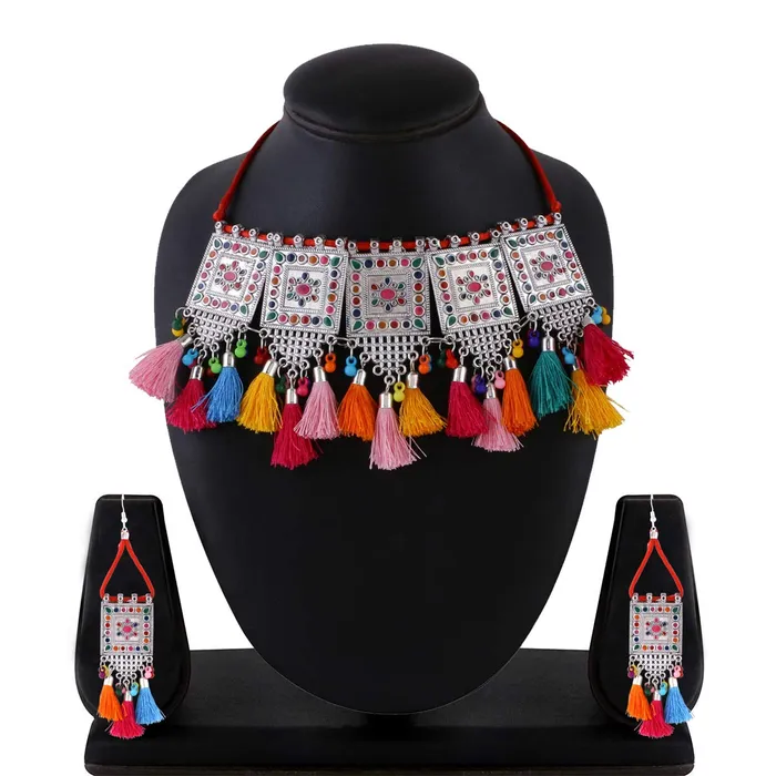 Yellow Chimes Rings Yellow Chimes German Silver Oxidized Afghani Style Beaded Tassel with Cotton Threads Choker Necklace Set with Earrings Jewellery Set for Women Girls Multicolor
