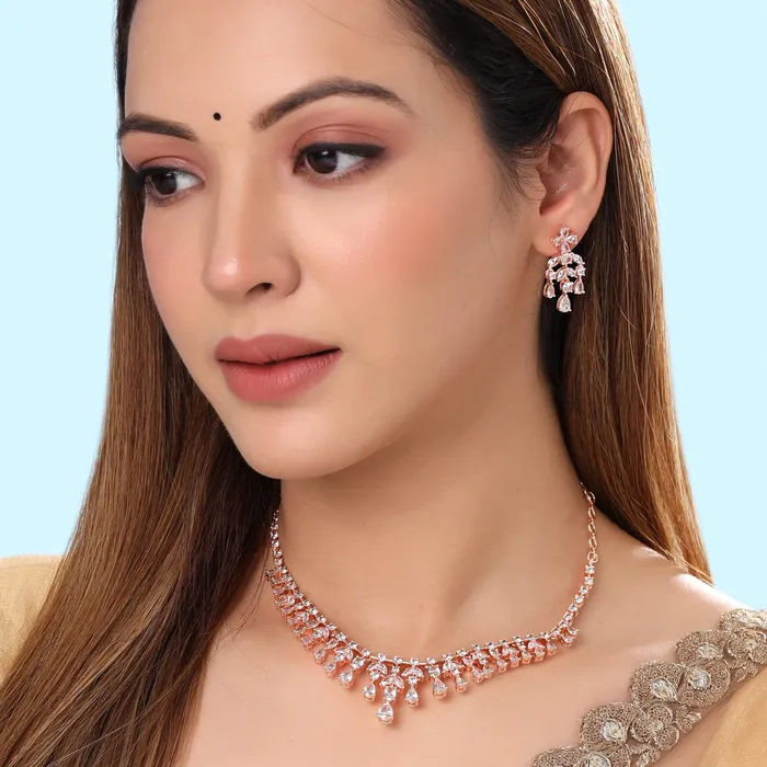 Yellow Chimes Rings Yellow Chimes Jewellery Set for Women and Girls American Diamond Jewellery Set Silver Tone Tear Drop Designed White AD Necklace Set Birthday Gift for girls and women Anniversary Gift for Wife