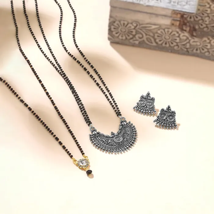 Yellow Chimes Rings Yellow Chimes Mangalsutra For Women Combo of 2 Pcs Oxidised Kolhapuri Maangalsutra Beaded Charm Maangalsutra with Earring Set For Women