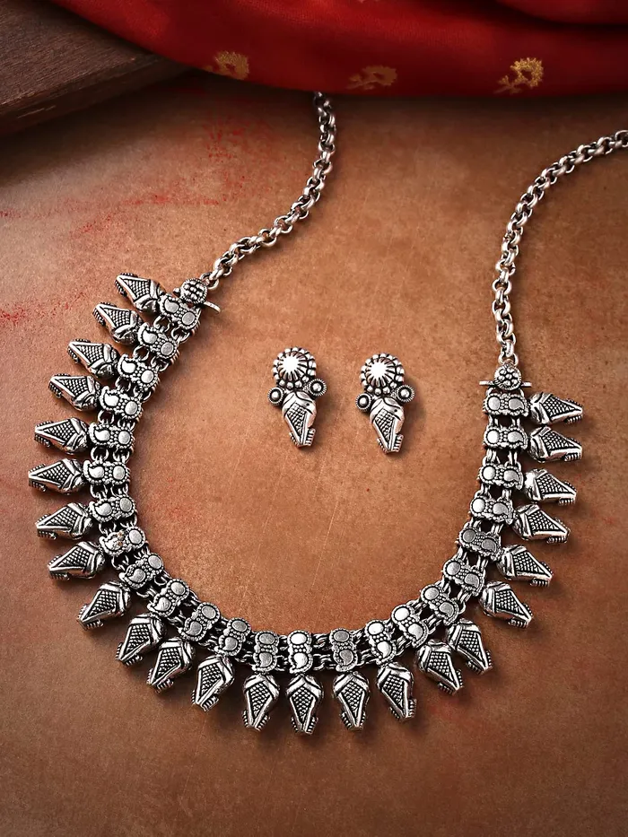 Yellow Chimes Rings Yellow Chimes Oxidised necklace set Silver Kolhapuri Necklace Traditional Necklace Set For Women Girls
