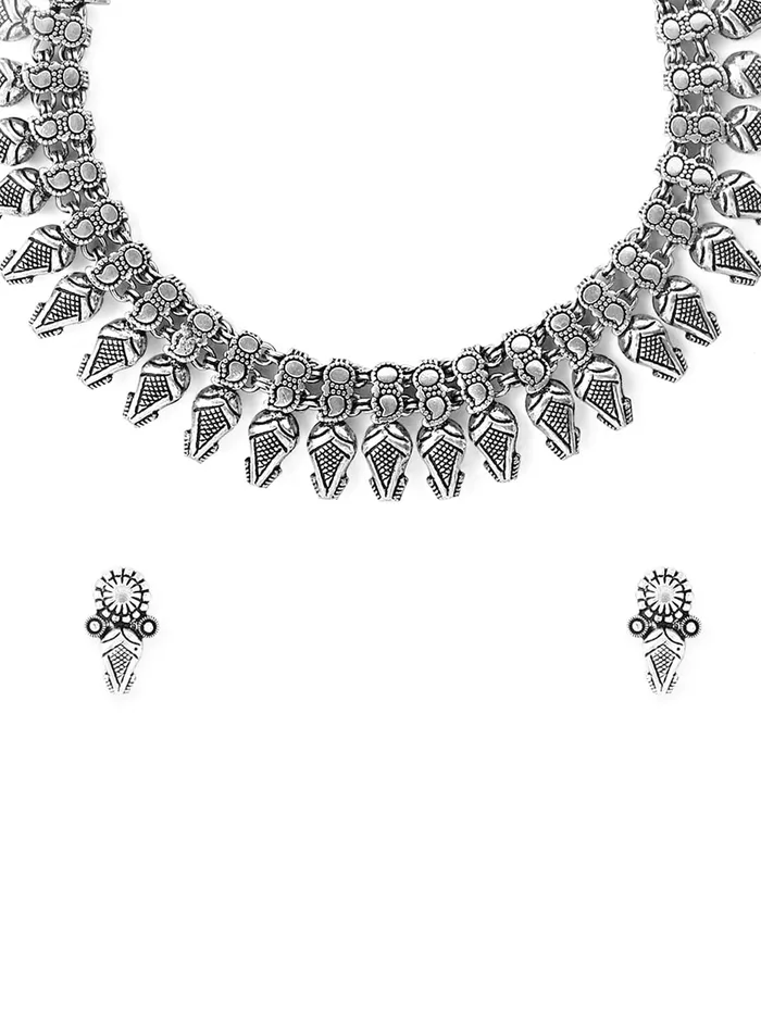 Yellow Chimes Rings Yellow Chimes Oxidised necklace set Silver Kolhapuri Necklace Traditional Necklace Set For Women Girls