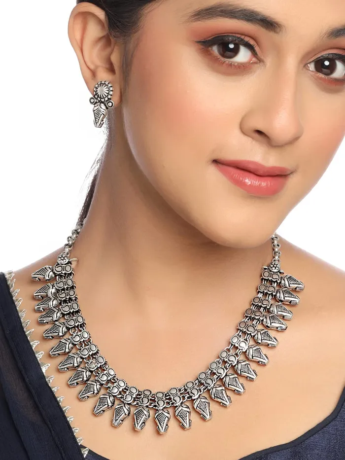 Yellow Chimes Rings Yellow Chimes Oxidised necklace set Silver Kolhapuri Necklace Traditional Necklace Set For Women Girls