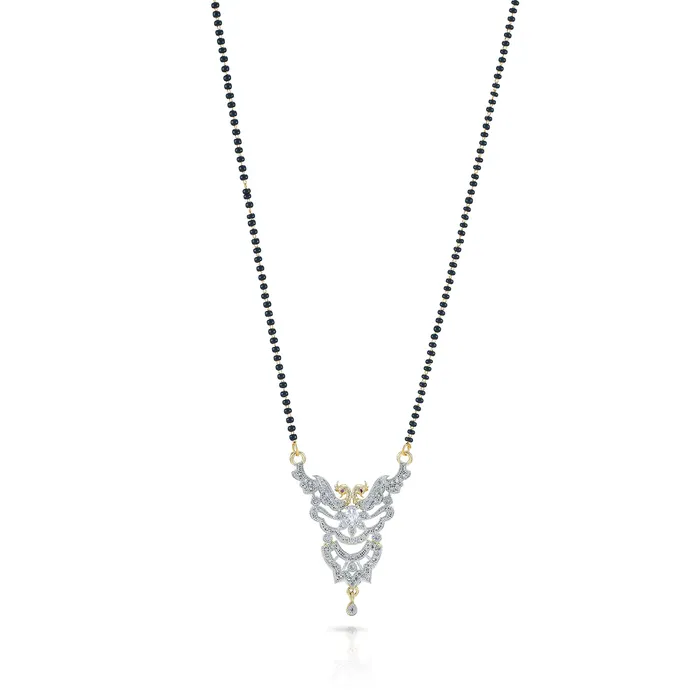 Yellow Chimes Sparkling ADAmerican Diamond Studded Ethnic Traditional Black Beads Designer Dual Peacock Mangalsutra Pendant Set with Earrings for Women Yellow Chimes Earrings
