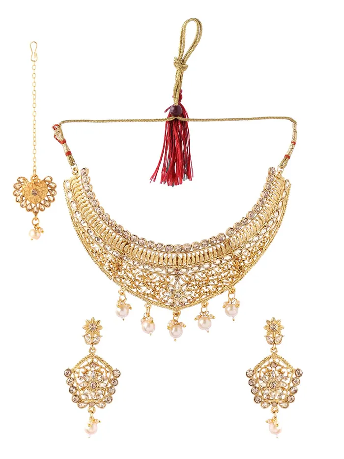 Yellow Chimes Traditional Jewellery Set for Women Gold Plated Kundan Jewellery Set Ethnic Choker Necklace Set With Maangtikka For Women and Girls Yellow Chimes Earrings
