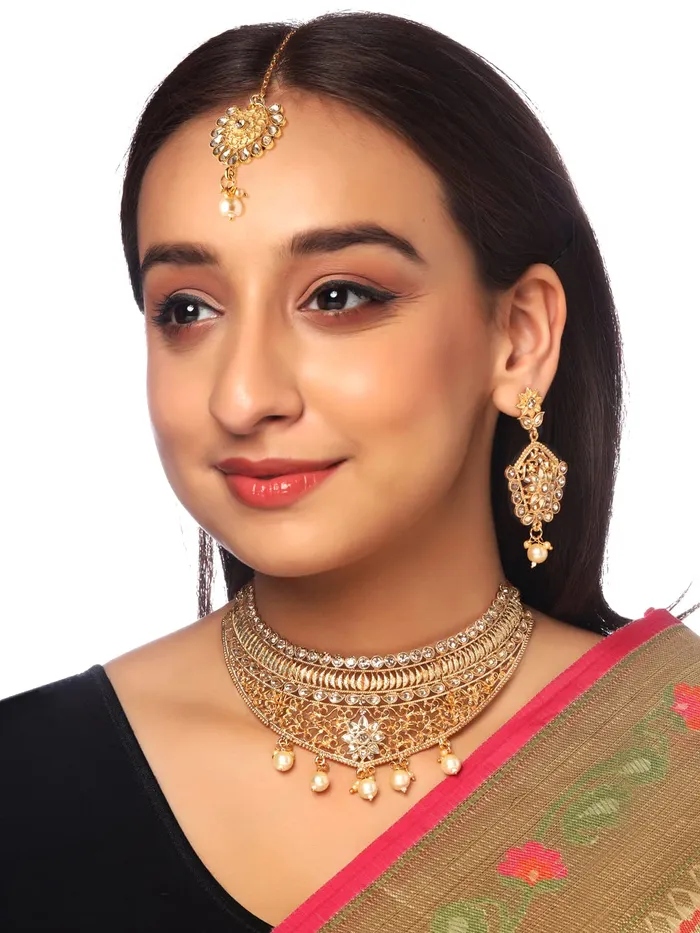 Yellow Chimes Traditional Jewellery Set for Women Gold Plated Kundan Jewellery Set Ethnic Choker Necklace Set With Maangtikka For Women and Girls Yellow Chimes Earrings