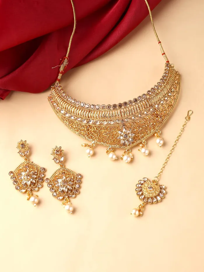 Yellow Chimes Traditional Jewellery Set for Women Gold Plated Kundan Jewellery Set Ethnic Choker Necklace Set With Maangtikka For Women and Girls Yellow Chimes Earrings