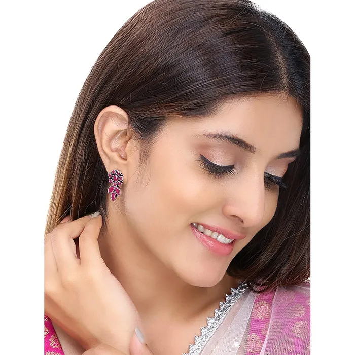 Yellow Chimes Two pairs Ethnic German Silver Oxidised Pink and Green Flower and Leaf Design Traditional Drop Earrings for Women And Girls PinkGreen Medium YCTJER92FLWGRPKBNDL Yellow Chimes Earrings