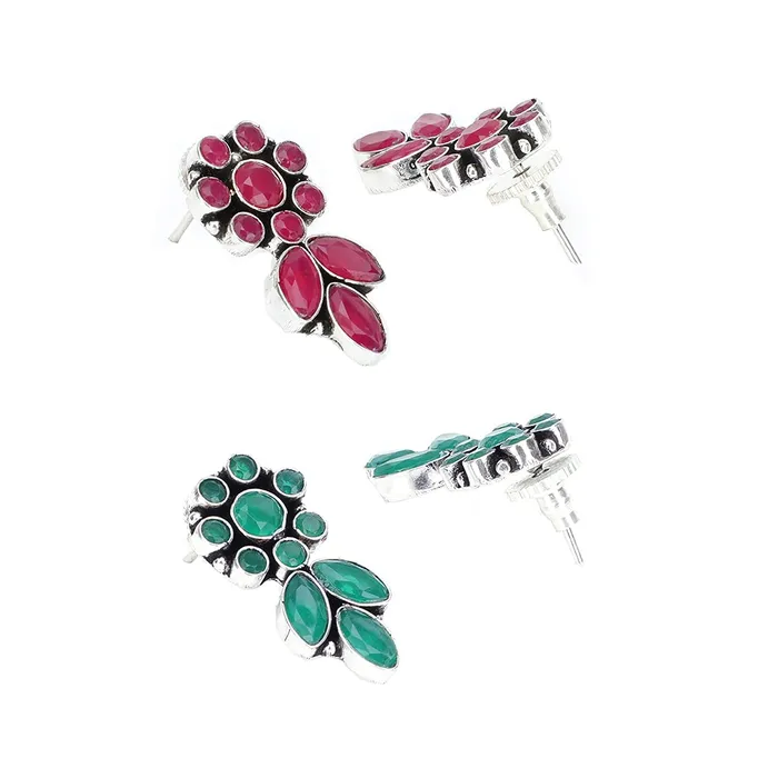 Yellow Chimes Two pairs Ethnic German Silver Oxidised Pink and Green Flower and Leaf Design Traditional Drop Earrings for Women And Girls PinkGreen Medium YCTJER92FLWGRPKBNDL Yellow Chimes Earrings