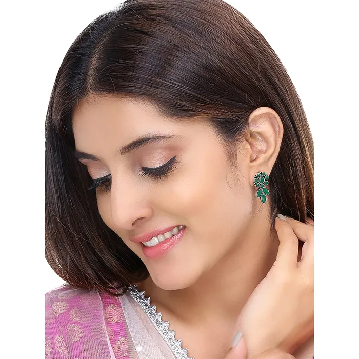 Yellow Chimes Two pairs Ethnic German Silver Oxidised Pink and Green Flower and Leaf Design Traditional Drop Earrings for Women And Girls PinkGreen Medium YCTJER92FLWGRPKBNDL Yellow Chimes Earrings