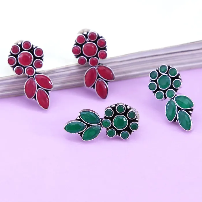 Yellow Chimes Two pairs Ethnic German Silver Oxidised Pink and Green Flower and Leaf Design Traditional Drop Earrings for Women And Girls PinkGreen Medium YCTJER92FLWGRPKBNDL Yellow Chimes Earrings