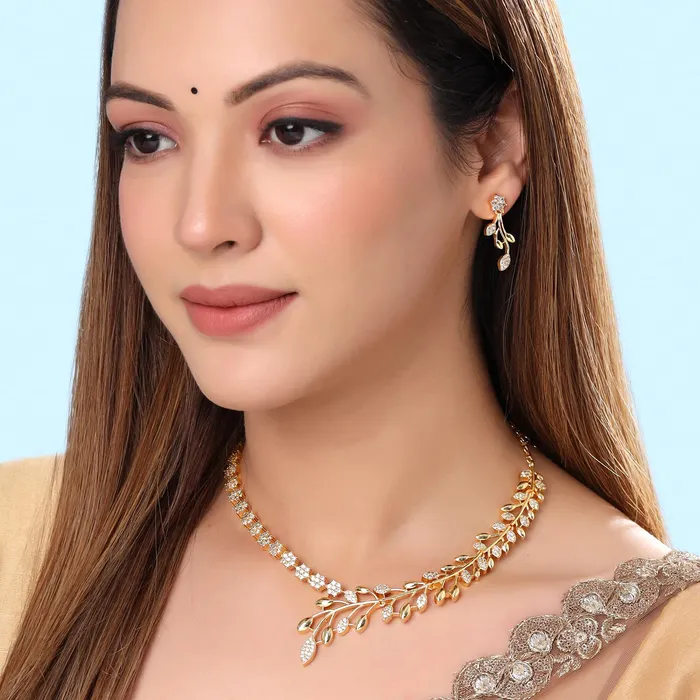 Yellow Chimes Yellow Chimes American Diamond Necklace Set For Women White Stone Gold Plated Jewellery Set For Women Leafy Shaped Diamond Necklace Set Birthday Gift for Girls Anniversary Gift for Wife Necklaces