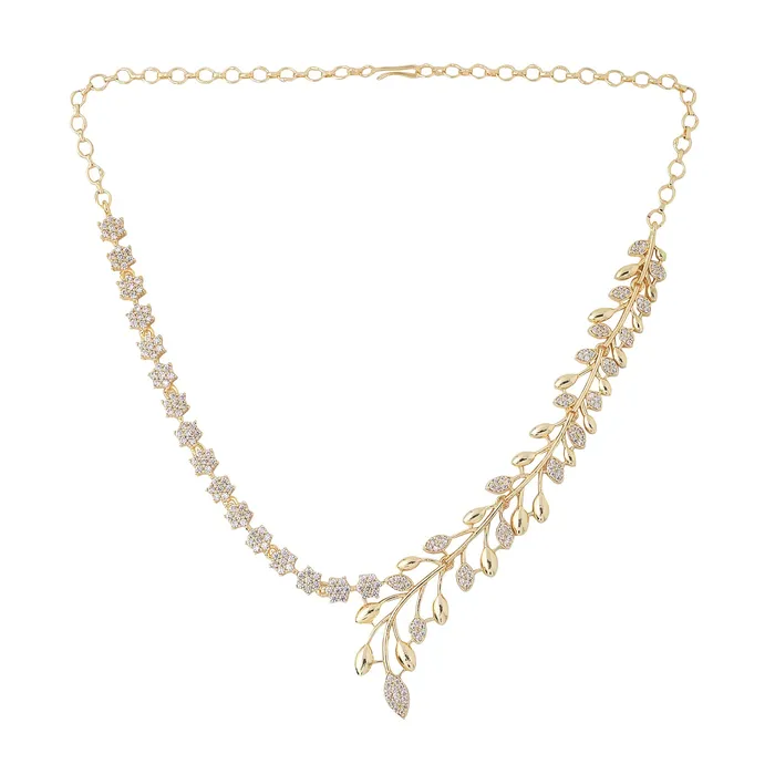Yellow Chimes Yellow Chimes American Diamond Necklace Set For Women White Stone Gold Plated Jewellery Set For Women Leafy Shaped Diamond Necklace Set Birthday Gift for Girls Anniversary Gift for Wife Necklaces