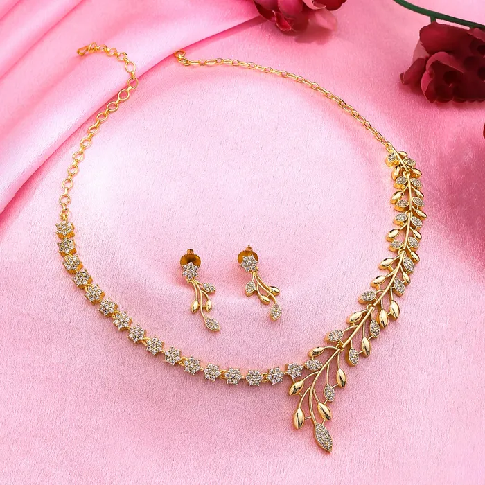 Yellow Chimes Yellow Chimes American Diamond Necklace Set For Women White Stone Gold Plated Jewellery Set For Women Leafy Shaped Diamond Necklace Set Birthday Gift for Girls Anniversary Gift for Wife Necklaces