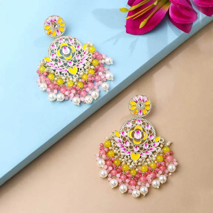 Yellow Chimes Yellow Chimes Earrings for Women and Girls Meenakari Chandbali Gold Plated Yellow Pink Meenakari Chandbali Earrings Birthday Gift for girls and women Anniversary Gift for Wife Necklaces