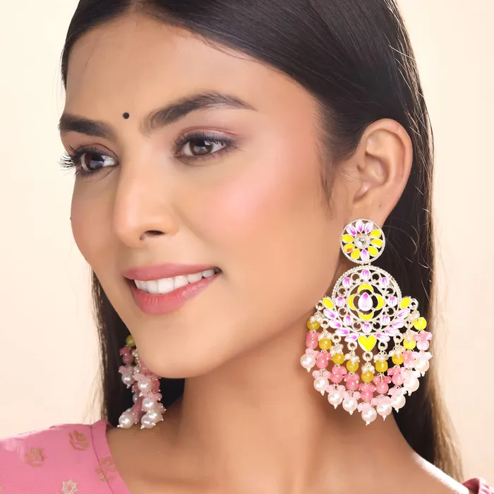 Yellow Chimes Yellow Chimes Earrings for Women and Girls Meenakari Chandbali Gold Plated Yellow Pink Meenakari Chandbali Earrings Birthday Gift for girls and women Anniversary Gift for Wife Necklaces