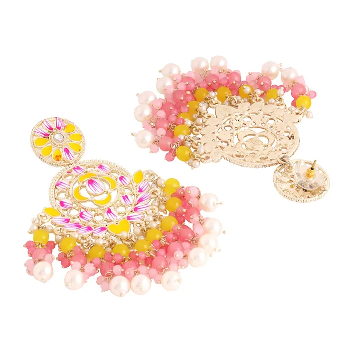 Yellow Chimes Yellow Chimes Earrings for Women and Girls Meenakari Chandbali Gold Plated Yellow Pink Meenakari Chandbali Earrings Birthday Gift for girls and women Anniversary Gift for Wife Necklaces