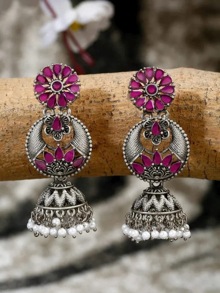 Yellow Chimes Yellow Chimes Earrings for Women Silver Oxidised Beads Drop Jhumka Earrings for Women and Girls Rings