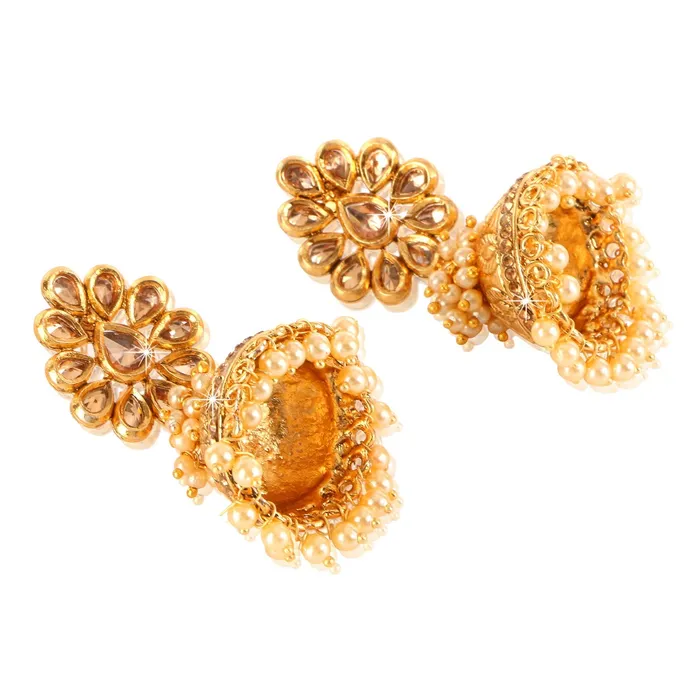 Yellow Chimes Yellow Chimes Floral Stylish Bandhani Work Kundan Pearl Gold Plated Jhumka Earrings for Women and Girls Earrings