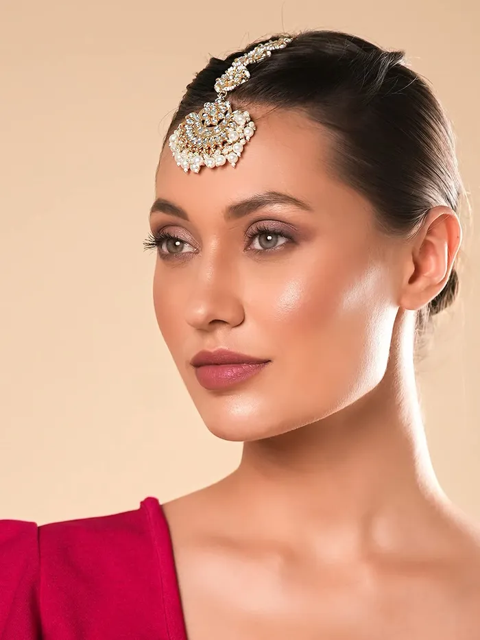 Yellow Chimes Yellow Chimes Maang Tikka for Women Gold Plated Kundan Studded Beads Drop Maangtikka for Women and Girls Style3 Necklaces
