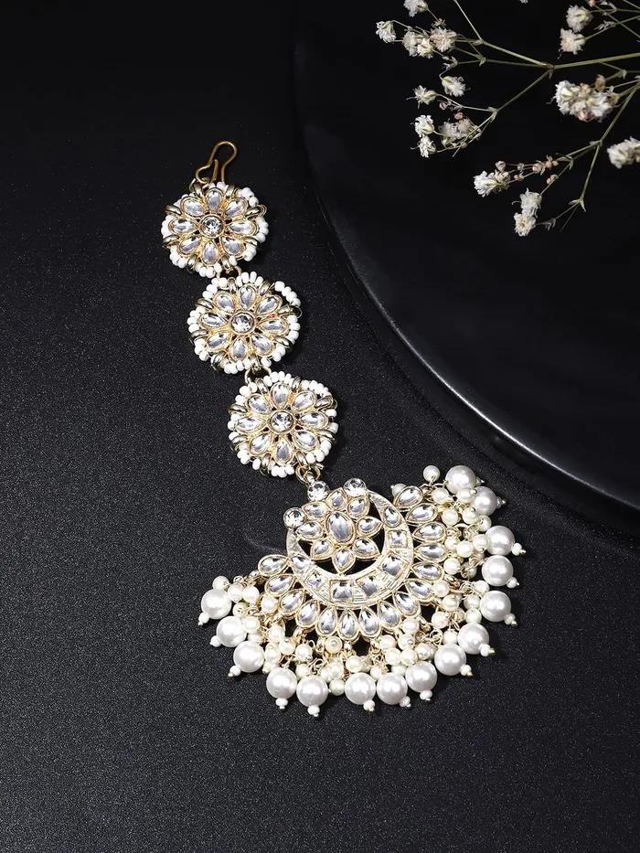 Yellow Chimes Yellow Chimes Maang Tikka for Women Gold Plated Kundan Studded Beads Drop Maangtikka for Women and Girls Style3 Necklaces