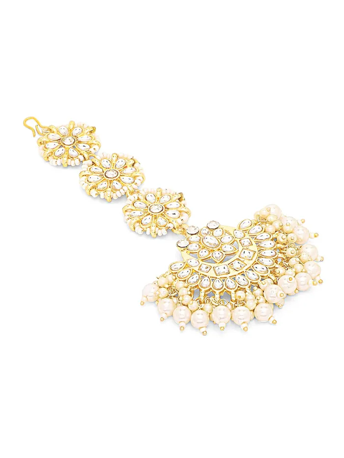 Yellow Chimes Yellow Chimes Maang Tikka for Women Gold Plated Kundan Studded Beads Drop Maangtikka for Women and Girls Style3 Necklaces