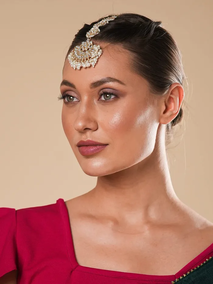 Yellow Chimes Yellow Chimes Maang Tikka for Women Gold Plated Kundan Studded Beads Drop Maangtikka for Women and Girls Style3 Necklaces