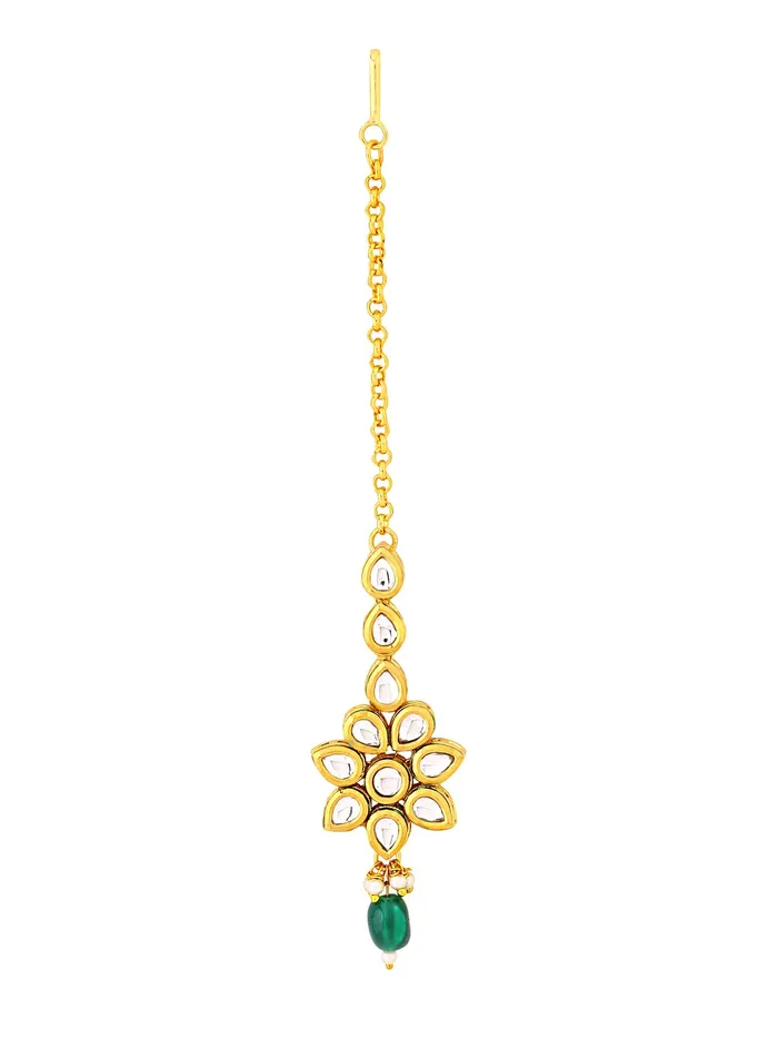 Yellow Chimes Yellow Chimes Maang Tikka for Women Gold Toned Kundan Studded Green Pearl Drop Floral Designed Maang Tikka for Women and Girls Necklaces