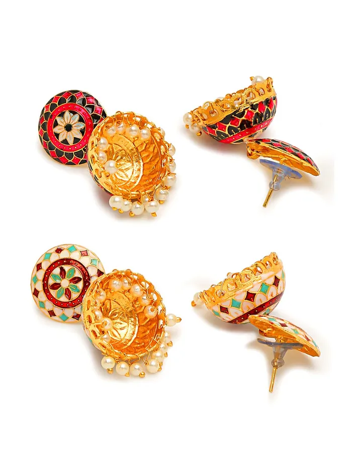 Yellow Chimes Yellow Chimes Meenakari Jumka Earrings with Ethnic Design Gold Plated Traditional Beads Combo of 2 pair for Women and Girls Necklaces