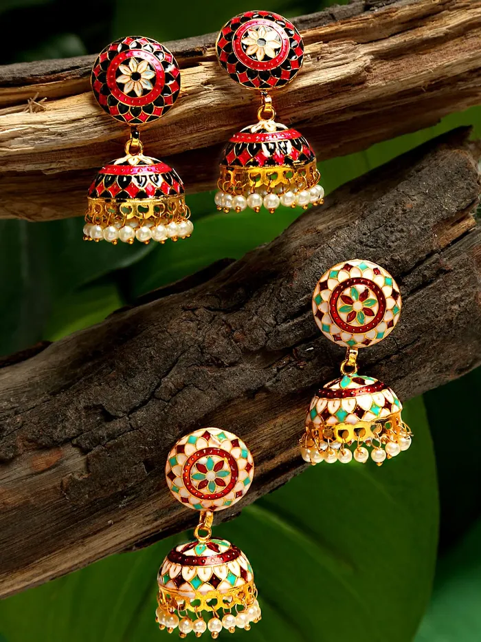 Yellow Chimes Yellow Chimes Meenakari Jumka Earrings with Ethnic Design Gold Plated Traditional Beads Combo of 2 pair for Women and Girls Necklaces
