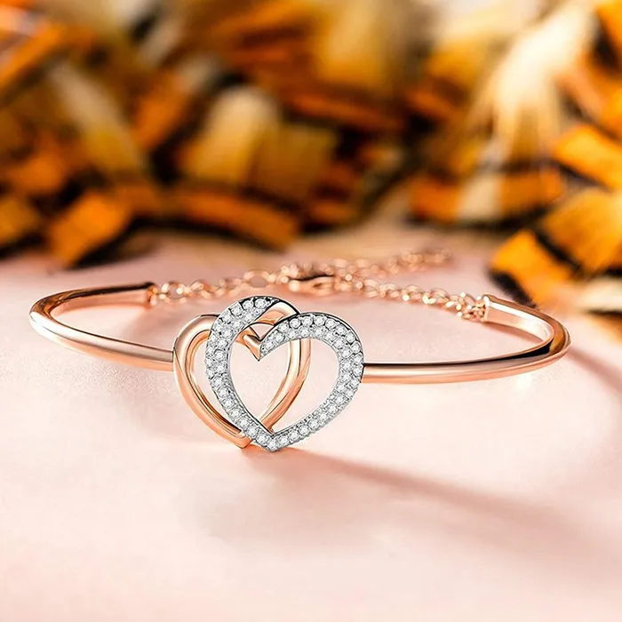 Yellow Chimes Yellow Chimes Rose Gold Twin Heart with Crystals Bangle Bracelet for Women and Girls Rings