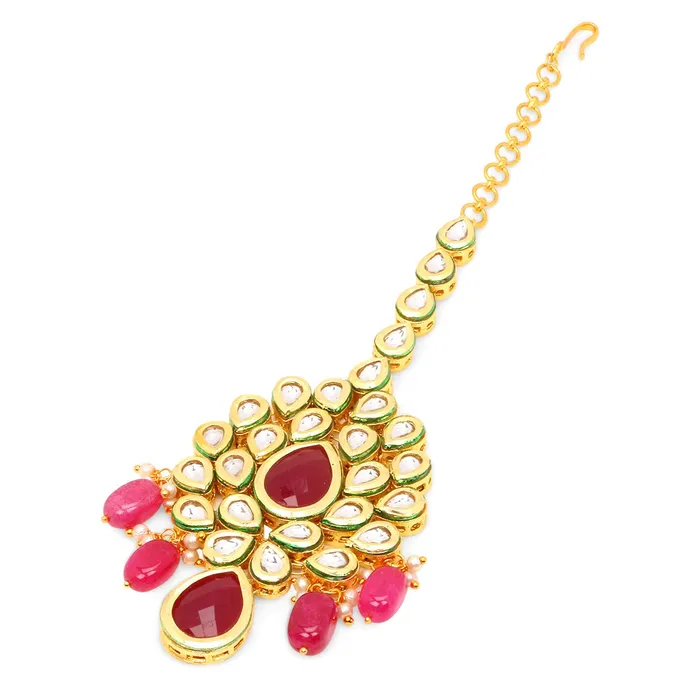Yellow Chimes Yellow Chimes Traditional Gold Plated Kundan Studded Pink Moti Designer Ethnic Maang Tikka for Women and Girls Necklaces