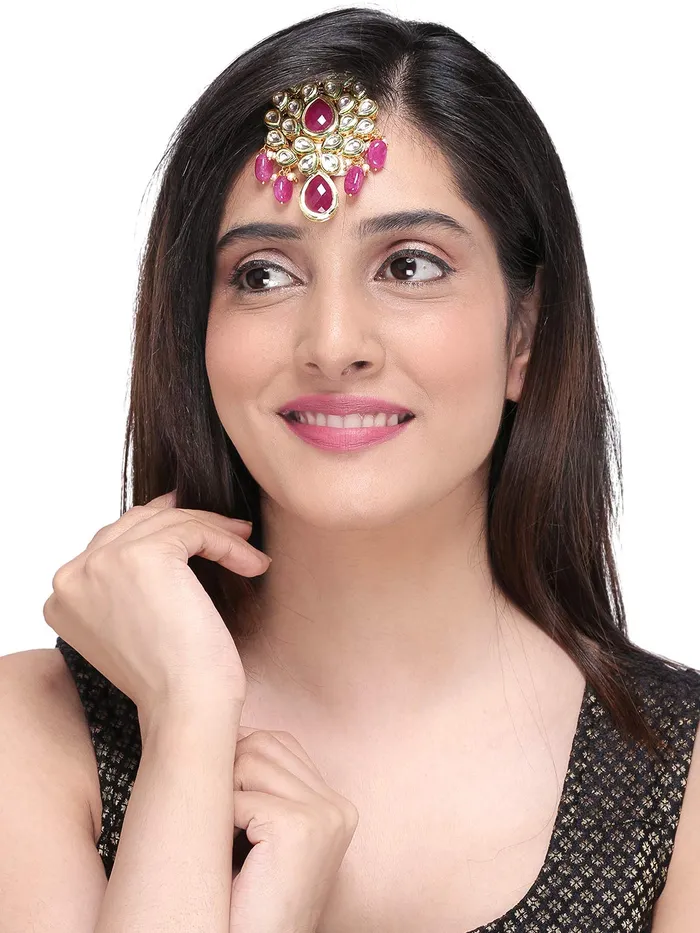 Yellow Chimes Yellow Chimes Traditional Gold Plated Kundan Studded Pink Moti Designer Ethnic Maang Tikka for Women and Girls Necklaces