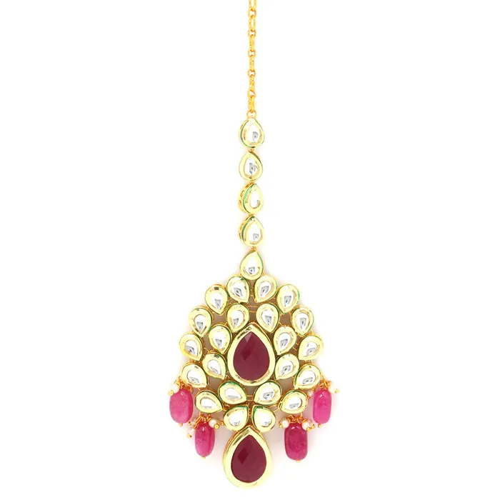 Yellow Chimes Yellow Chimes Traditional Gold Plated Kundan Studded Pink Moti Designer Ethnic Maang Tikka for Women and Girls Necklaces