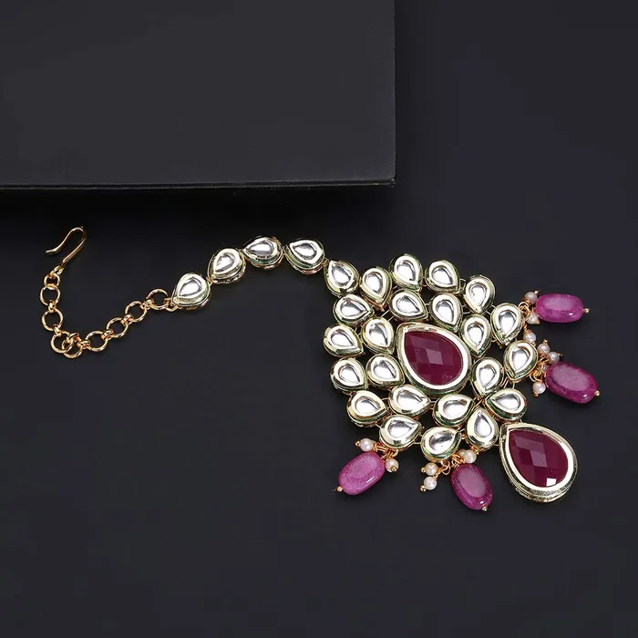 Yellow Chimes Yellow Chimes Traditional Gold Plated Kundan Studded Pink Moti Designer Ethnic Maang Tikka for Women and Girls Necklaces