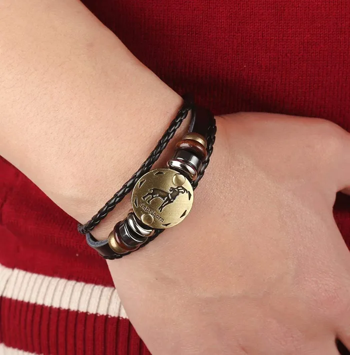 Yellow Chimes Zodiac Sign Constellation Handmade Brown Leather Bracelet For Men and WomenUnisex Capricorn Yellow Chimes Earrings