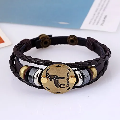Yellow Chimes Zodiac Sign Constellation Handmade Brown Leather Bracelet For Men and WomenUnisex Capricorn Yellow Chimes Earrings